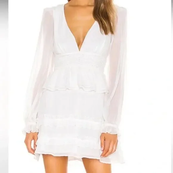 Tularosa Lucianna Mini Dress Ivory White Long Sleeve Dress lace trim Revolve M Tularosa Lucianna Mini Dress Ivory White Long Sleeve Dress lace trim Revolve M